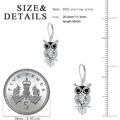 Silber 925 Hängende Eulen Ohrringe, Lang, Zirkonia, Geschenkidee