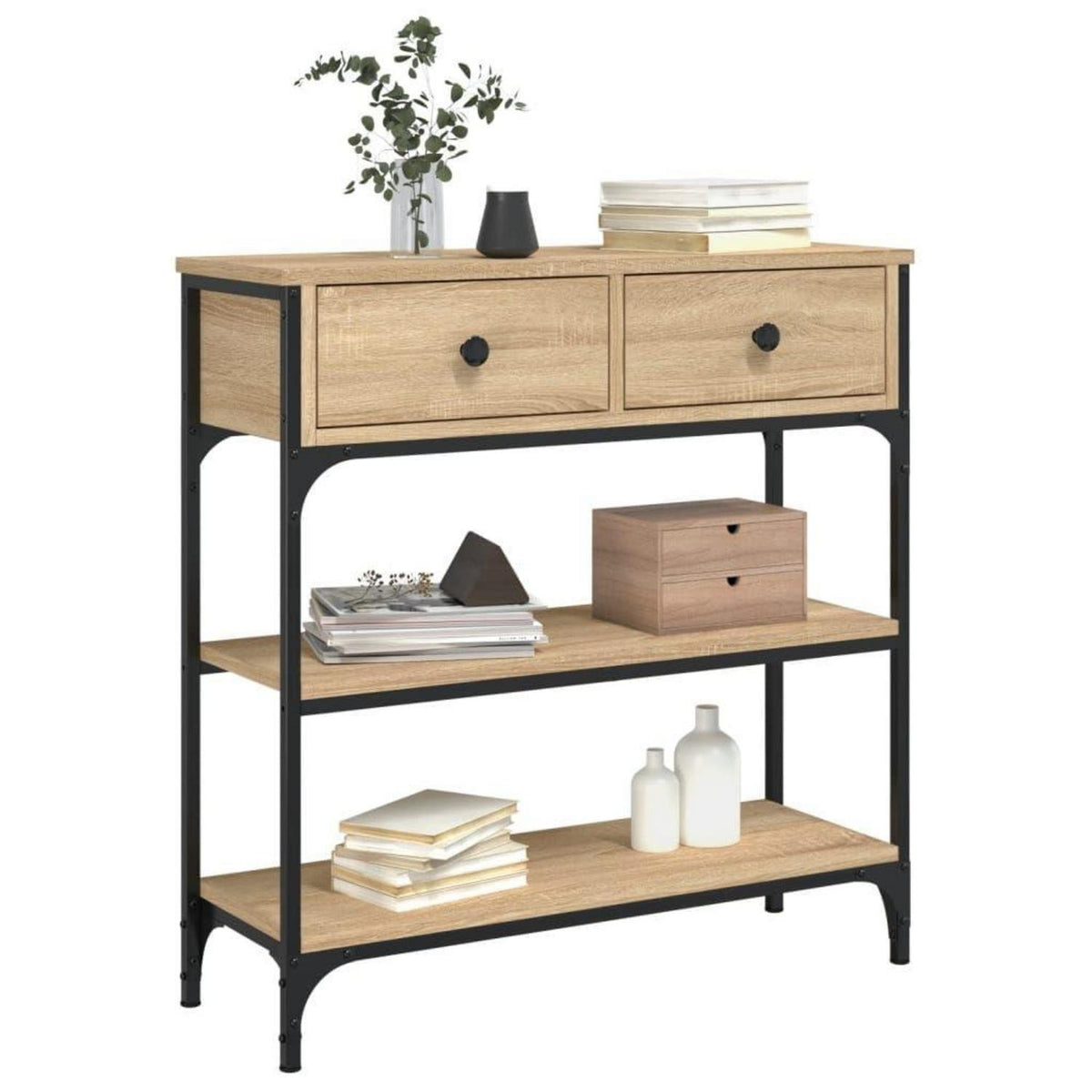 Schmaler Konsolentisch 3-stöckig mit Schubladen & Unterregalen, Braun