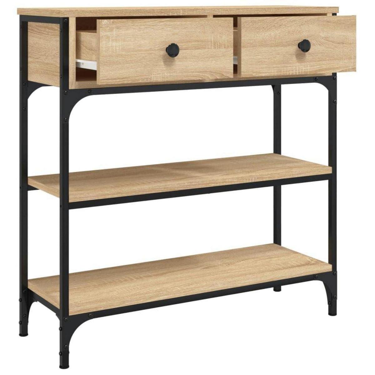 Schmaler Konsolentisch 3-stöckig mit Schubladen & Unterregalen, Braun