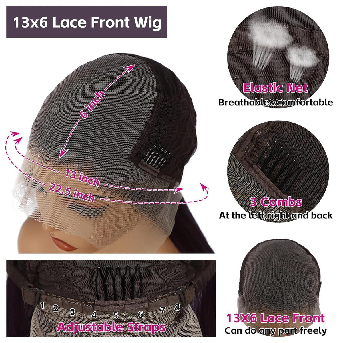 Lange Violette Gerade Perücke mit Lace Front 13x6 - 26 Zoll