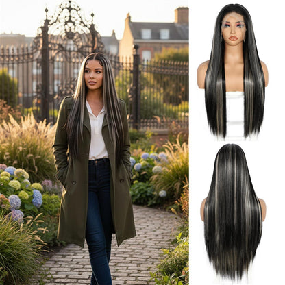 Lange gerade Perücke Schwarz Highlights 13x6 Lace Front Perücke