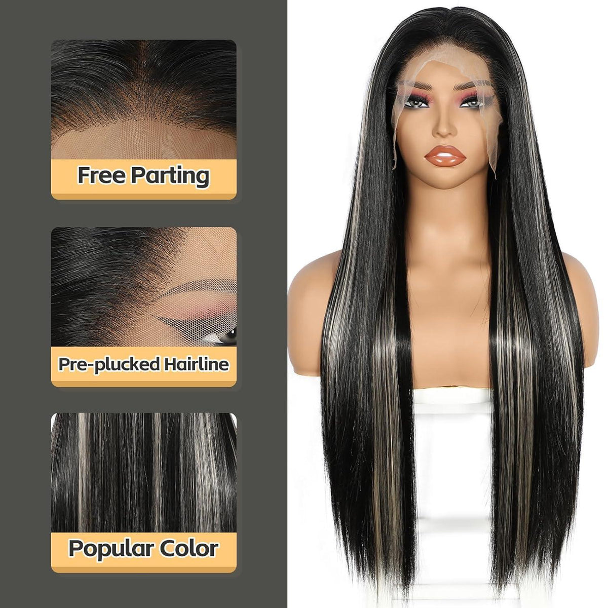Lange gerade Perücke Schwarz Highlights 13x6 Lace Front Perücke