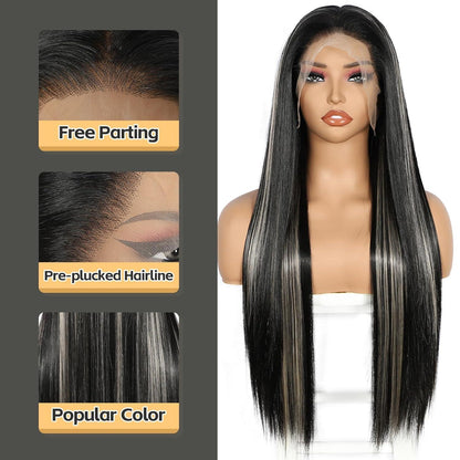 Lange gerade Perücke Schwarz Highlights 13x6 Lace Front Perücke