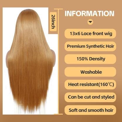 Lange Gerade Perücke 26 Zoll Gelbbraun Lace Front Synthetik
