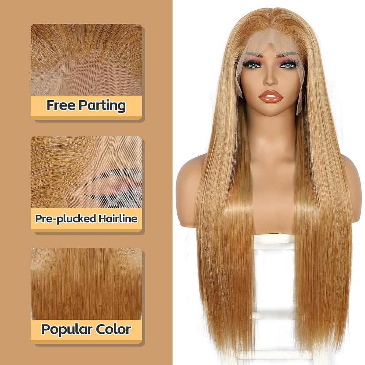 Lange Gerade Perücke 26 Zoll Gelbbraun Lace Front Synthetik