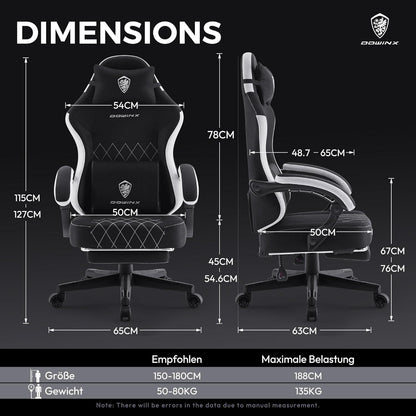 Ergonomischer Gaming Stuhl mit Massage & Fußstütze, Schwarz
