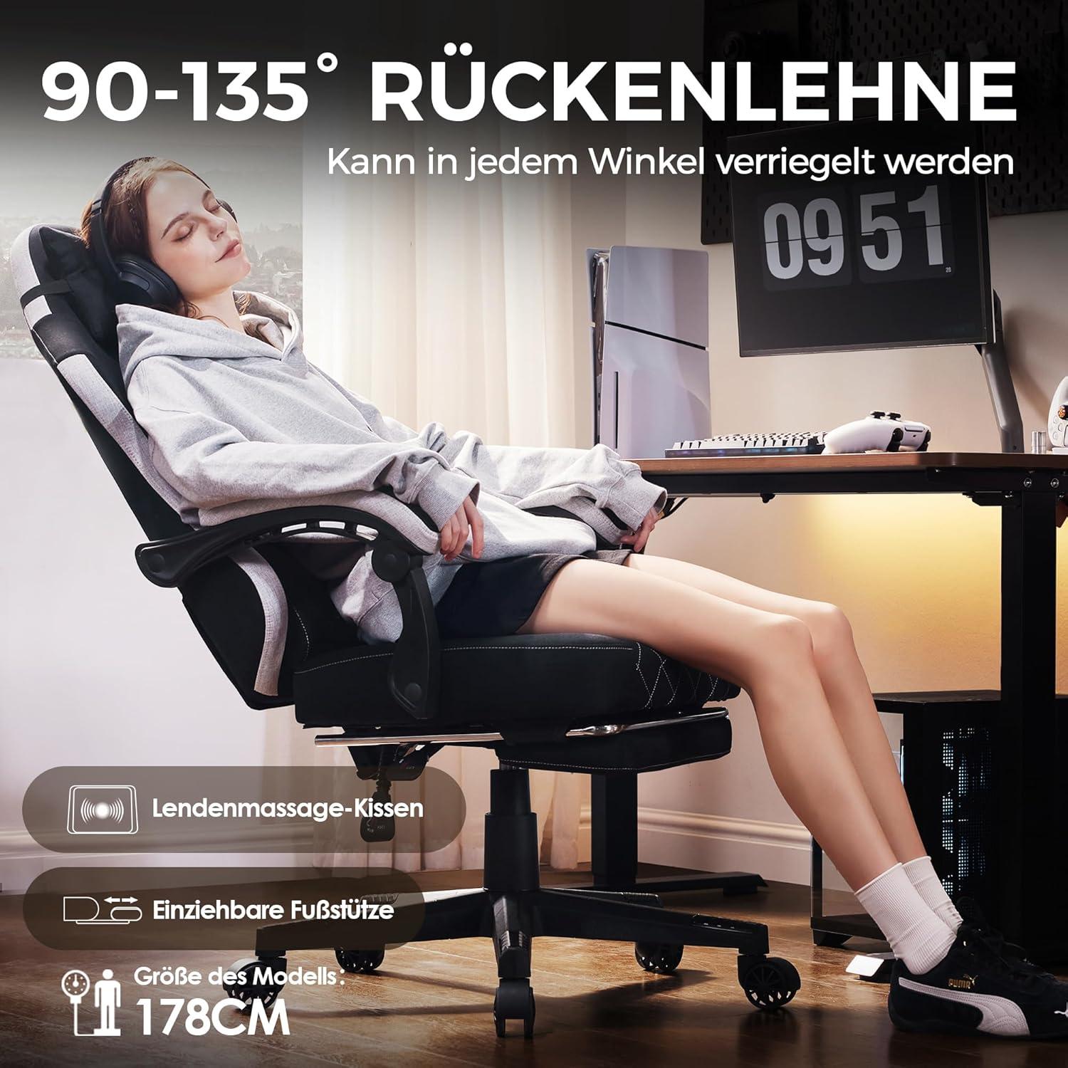 Ergonomischer Gaming Stuhl Stoff Schwarz mit Massage