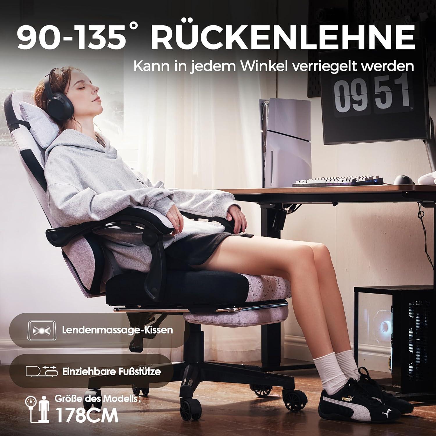 Ergonomischer Gaming Stuhl Stoff Massage Lendenkissen Fußstütze - Grau