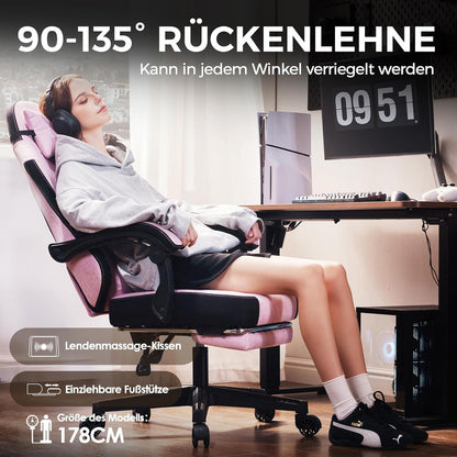 Gaming Stuhl Stoff mit Massage Lendenwirbelstütze und Fußstütze für