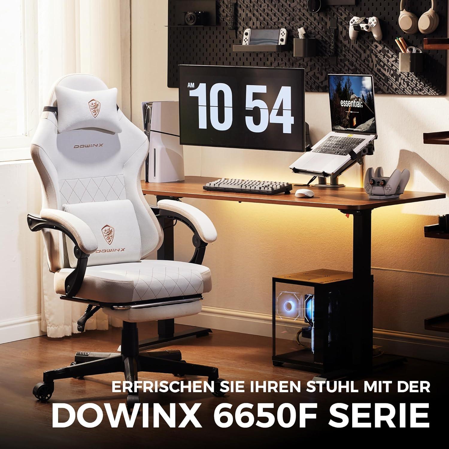 Dowinx Gaming Stuhl Stoff Massage Lendenstütze Bürostuhl Fußstütze 135KG Beige