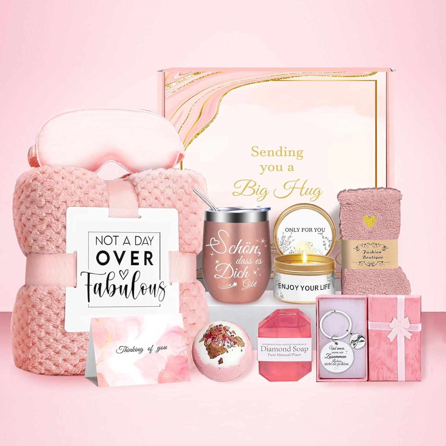 Geschenkset für Frauen: Kuscheldecke, Weinbecher, Duftkerzen & mehr