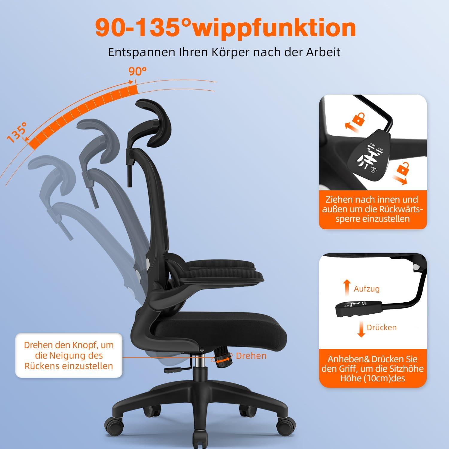 Bürostuhl ergonomisch mit Kopfstütze und Wippfunktion, 150kg Traglast