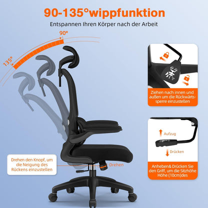 Bürostuhl ergonomisch mit Kopfstütze und Wippfunktion, 150kg Traglast