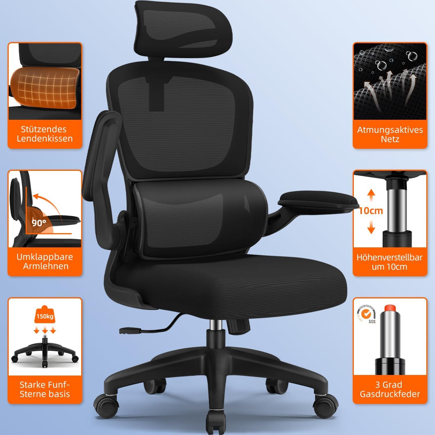 Ergonomischer Bürostuhl mit Verstellbarer Kopfstütze und