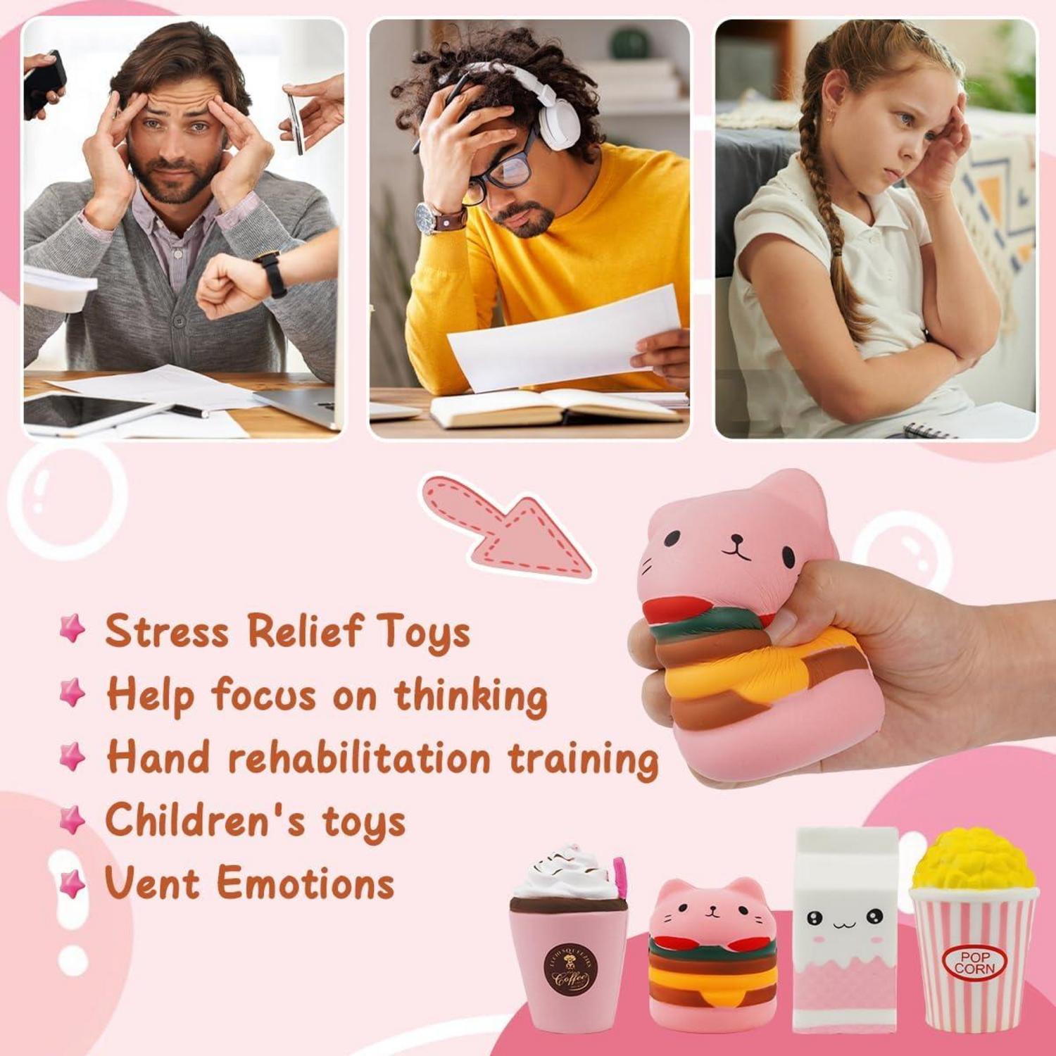 4er Set Squishies Spielzeug Katze Hamburger Eiscreme Popcorn