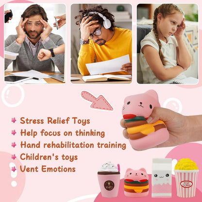 4er Set Squishies Spielzeug Katze Hamburger Eiscreme Popcorn