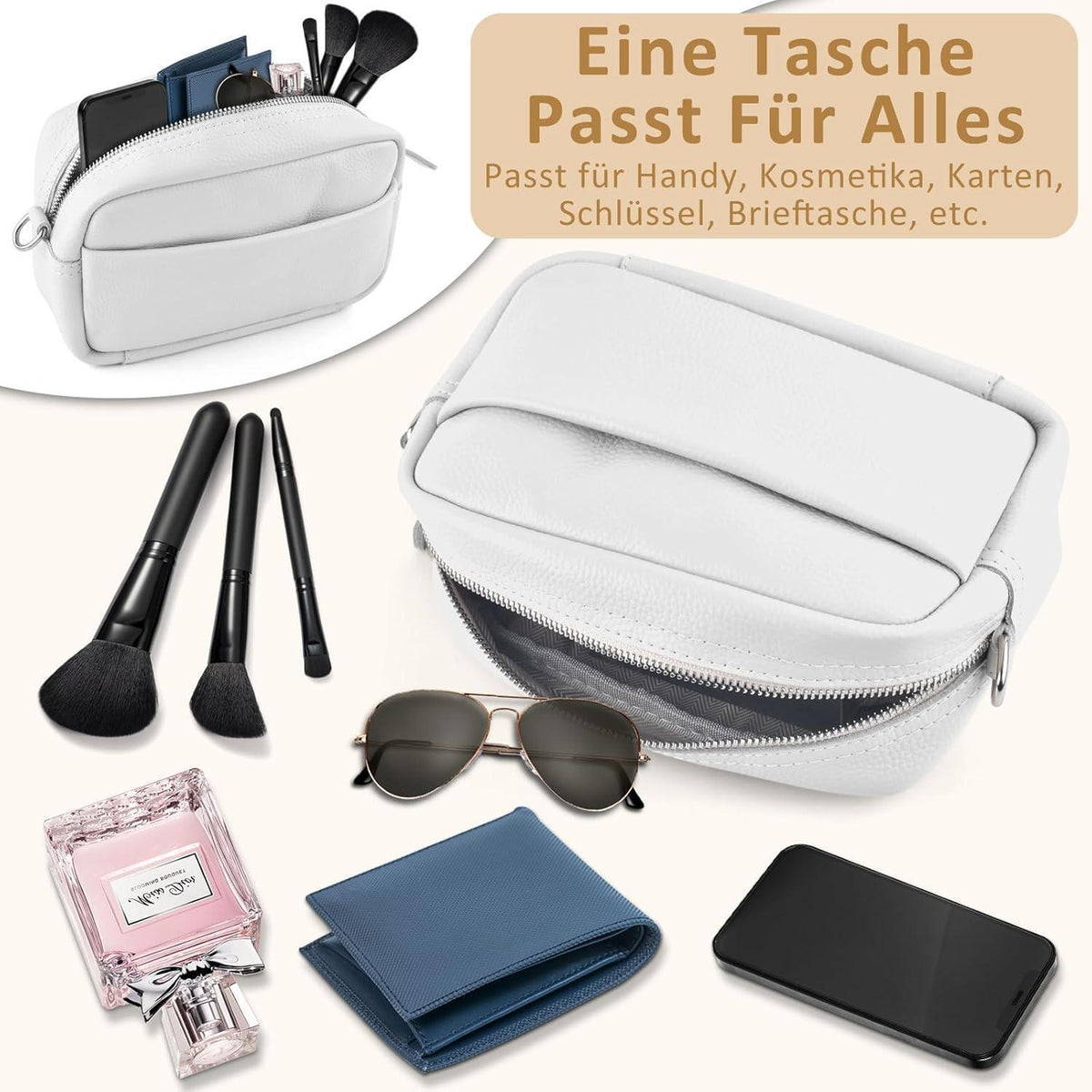 Echtes Leder Umhängetasche Damen mit 2 Schultergurten, Schwarz