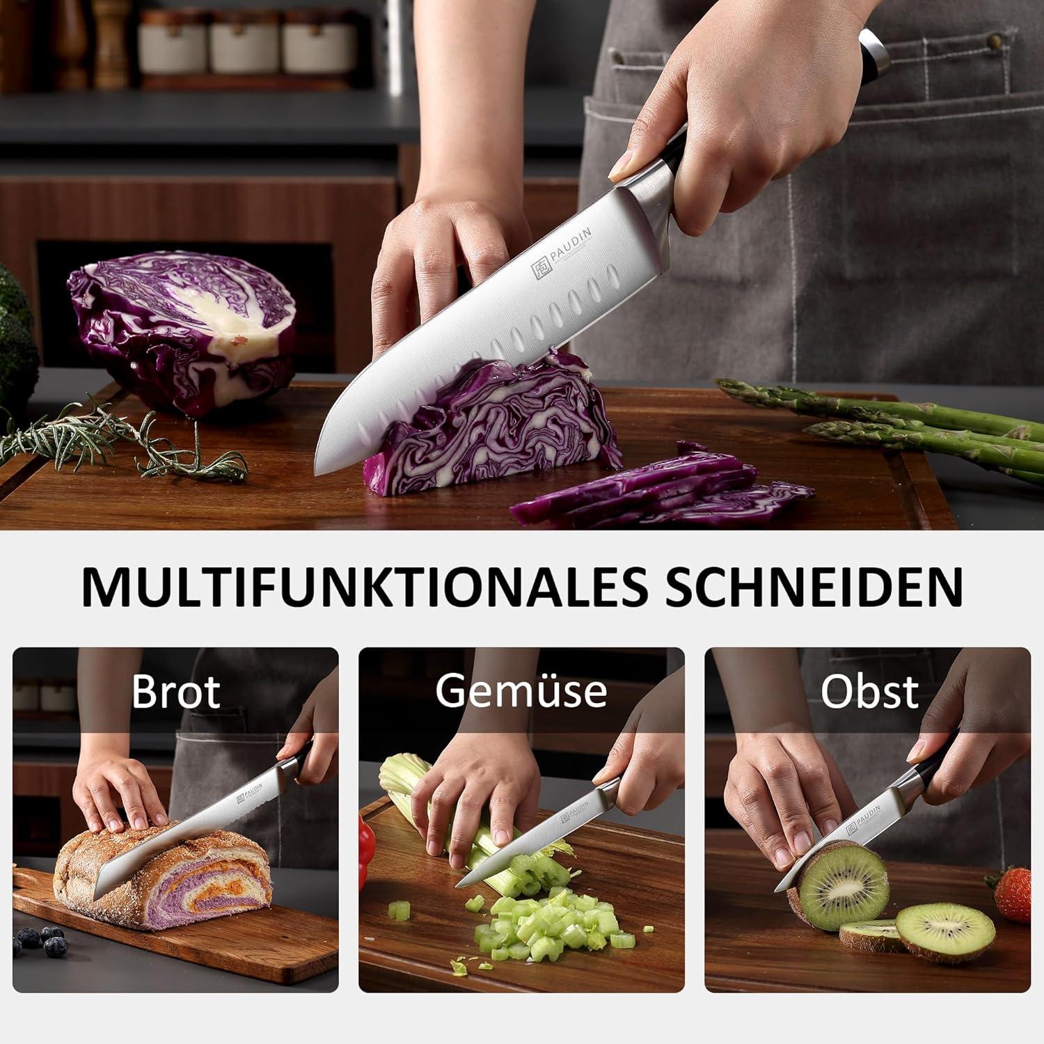 Messerblock Set 7-teilig, Küchenmesser aus Edelstahl & Holzblock