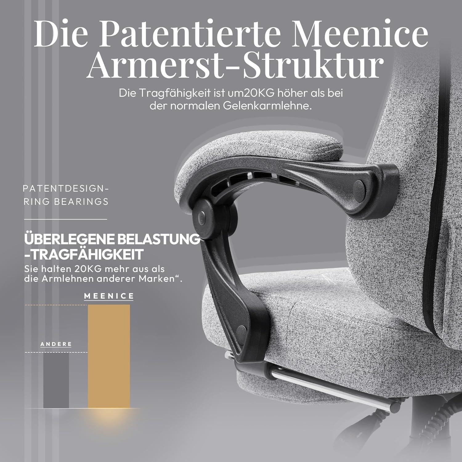 MEENICE Gaming Stuhl Stoff Taschenfederkissen Kühlung Massage Fußstütze Grau