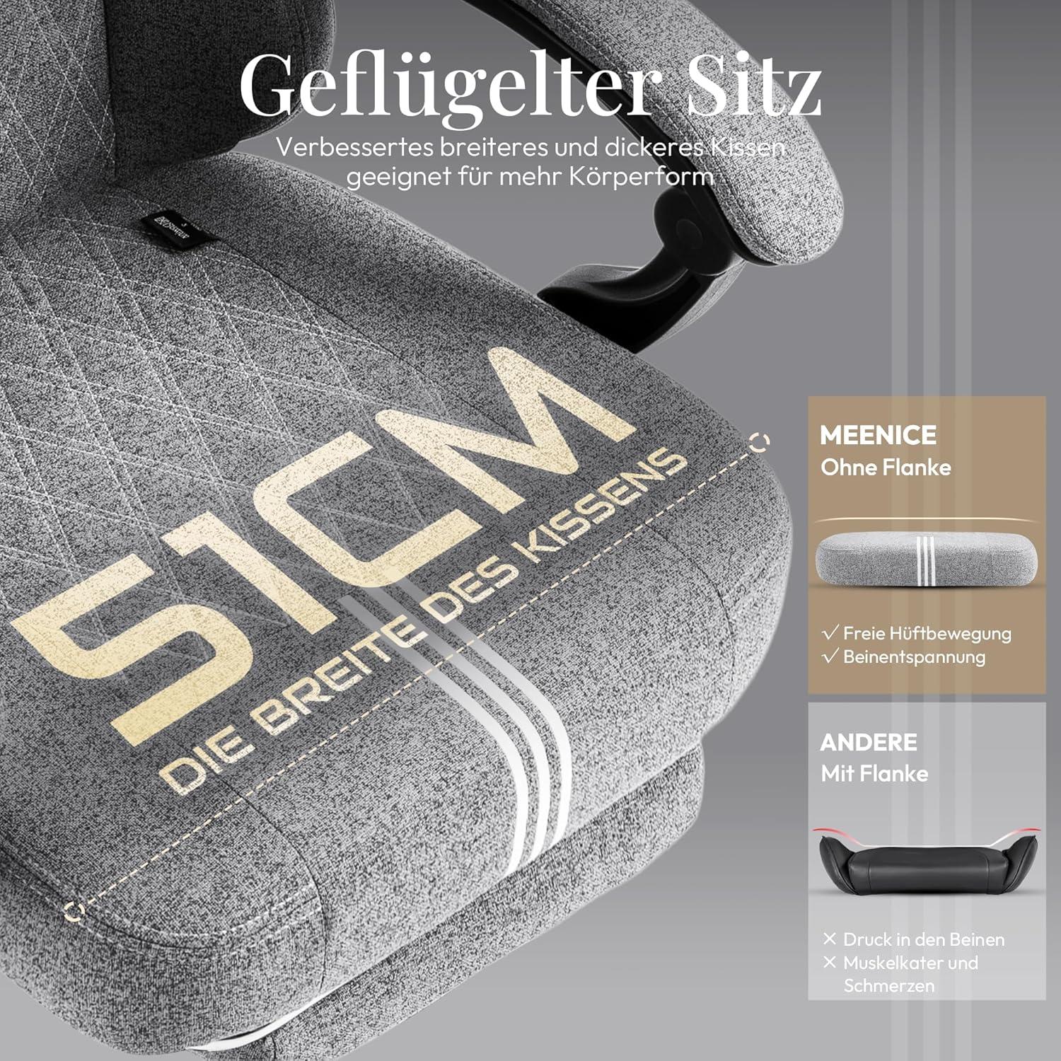 MEENICE Gaming Stuhl Stoff Taschenfederkissen Kühlung Massage Fußstütze Grau