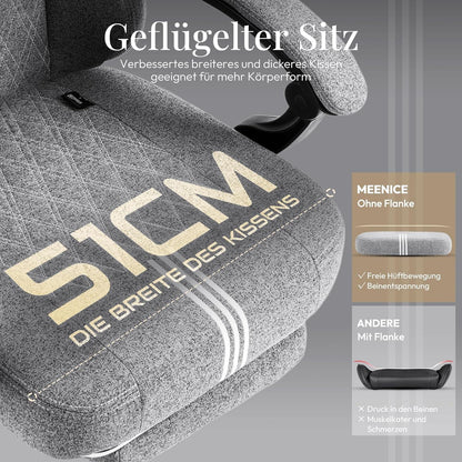 MEENICE Gaming Stuhl Stoff Taschenfederkissen Kühlung Massage Fußstütze Grau