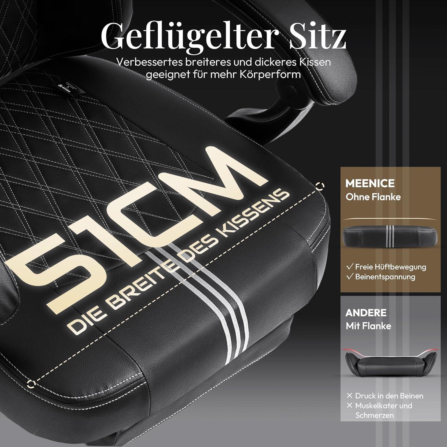 MEENICE Gaming Stuhl mit Kühlung, Massage, Fußstütze, Taschenfederkissen - Schwarz/Weiß Leder