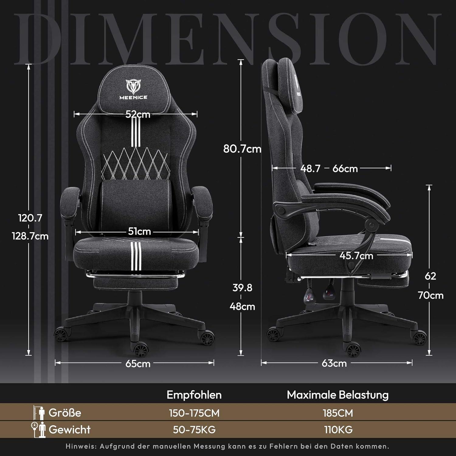 Gaming Stuhl Stoff mit Taschenfederkissen und Kühlung Gel Massage
