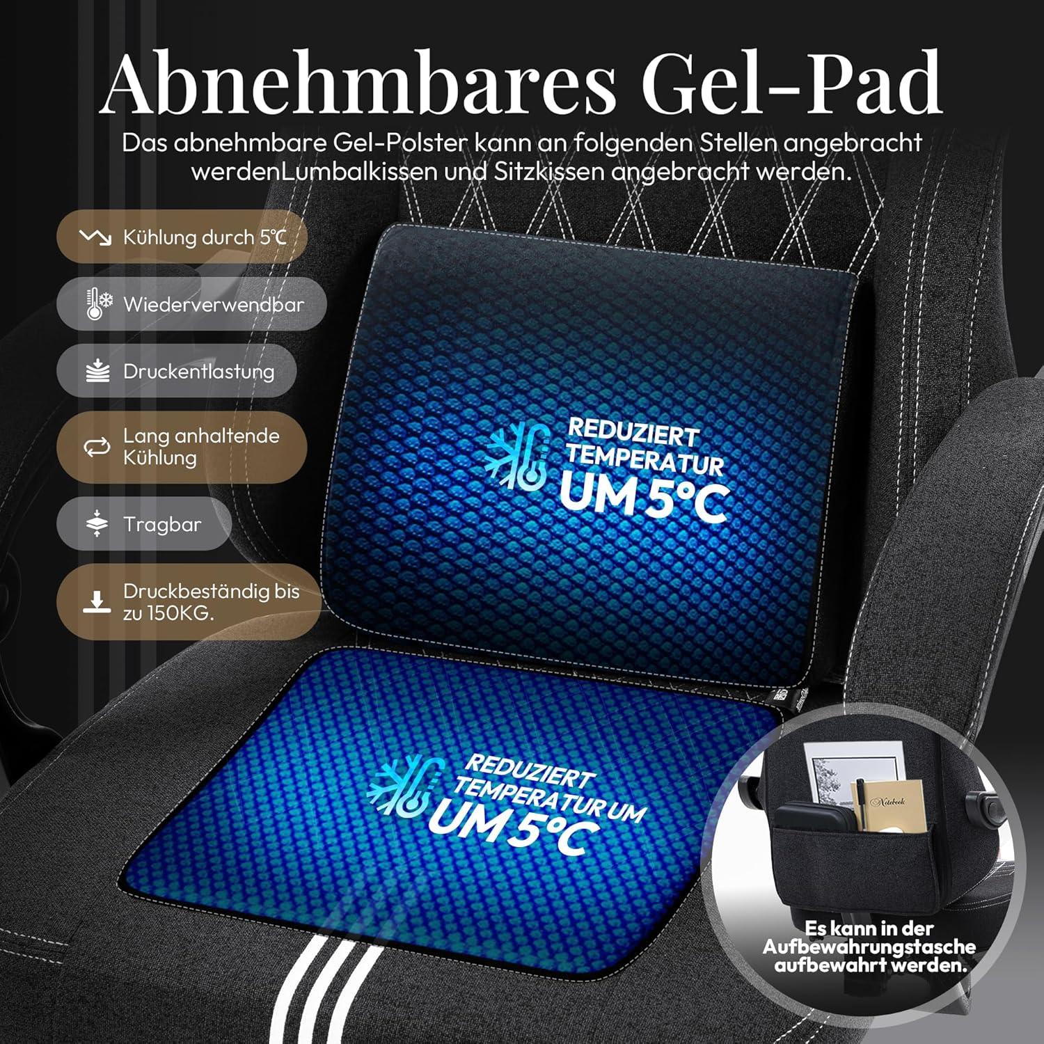 MEENICE Gaming Stuhl Stoff Taschenfederkissen Kühlung Gel Schwarz