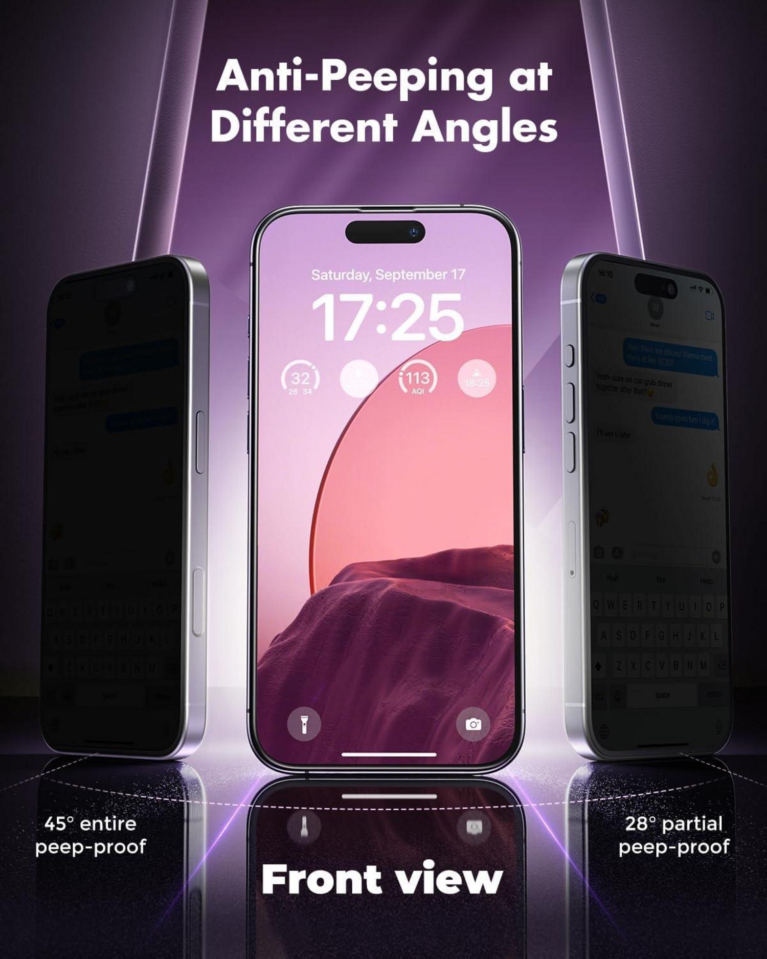 iPhone 16/15 Panzer Schutzglas 28° Sichtschutzfolie 9H Härte 2 Stück