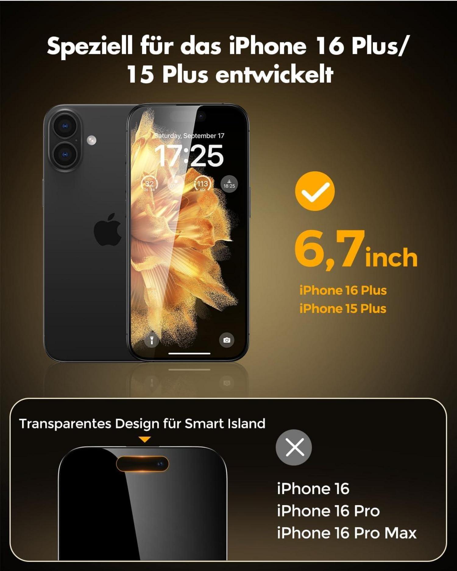 Panzer Schutz Glas für iPhone 16 Plus, 28° Sichtschutzfolie, 9H Härte