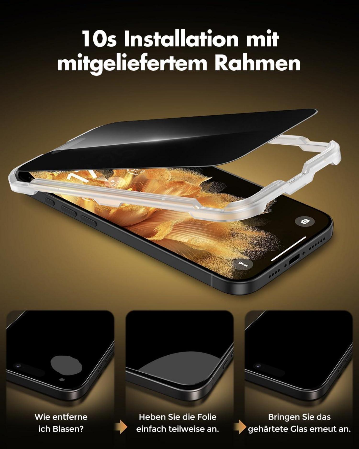 Panzer Schutz Glas für iPhone 16 Plus, Sichtschutzfolie, kratzfest, 9H Härte, 2 Stück