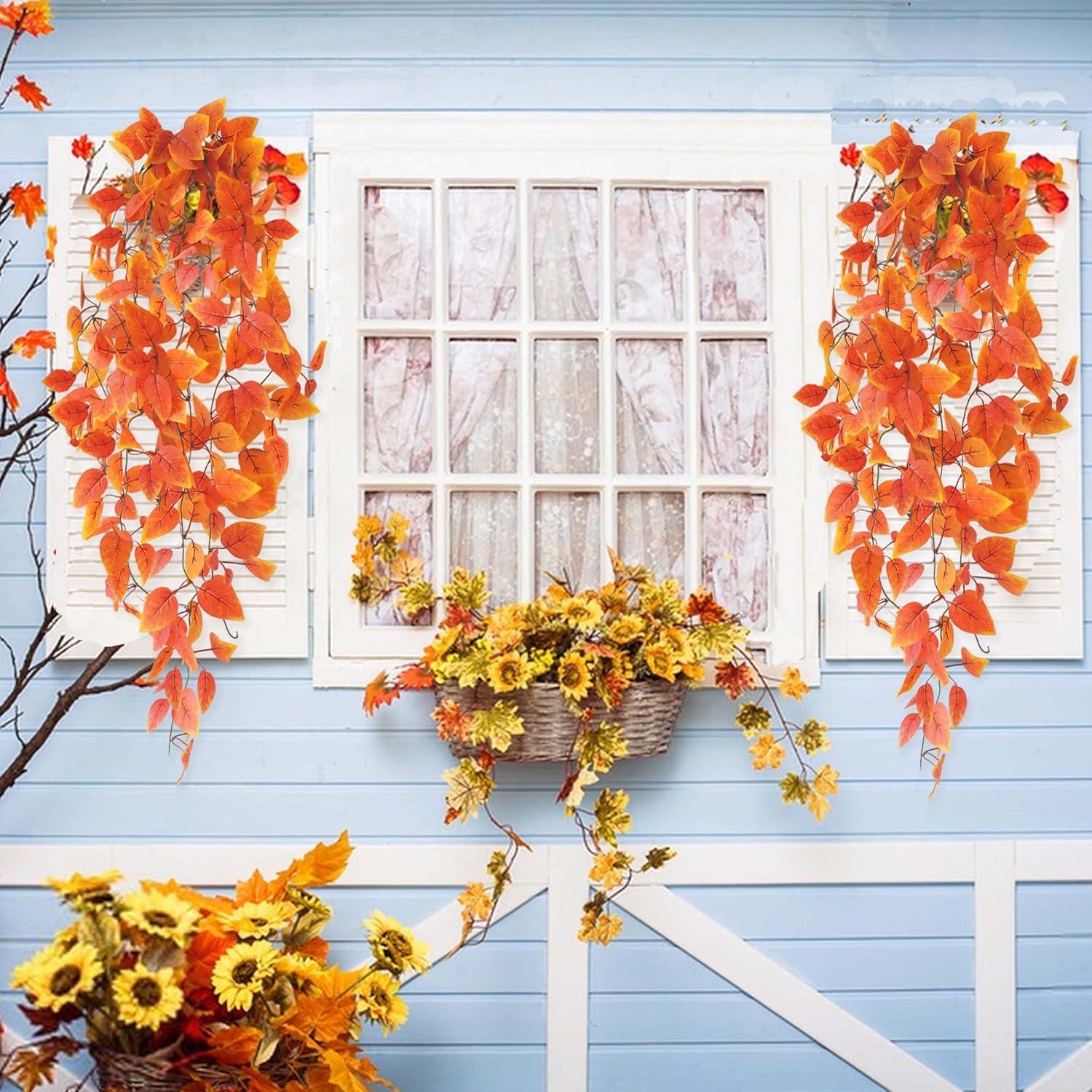 2x Künstliche Hängepflanzen Herbstdeko 100cm Orange Rot Efeu Ahorn