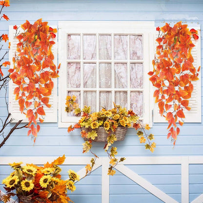 2x Künstliche Hängepflanzen Herbstdeko 100cm Orange Rot Efeu Ahorn