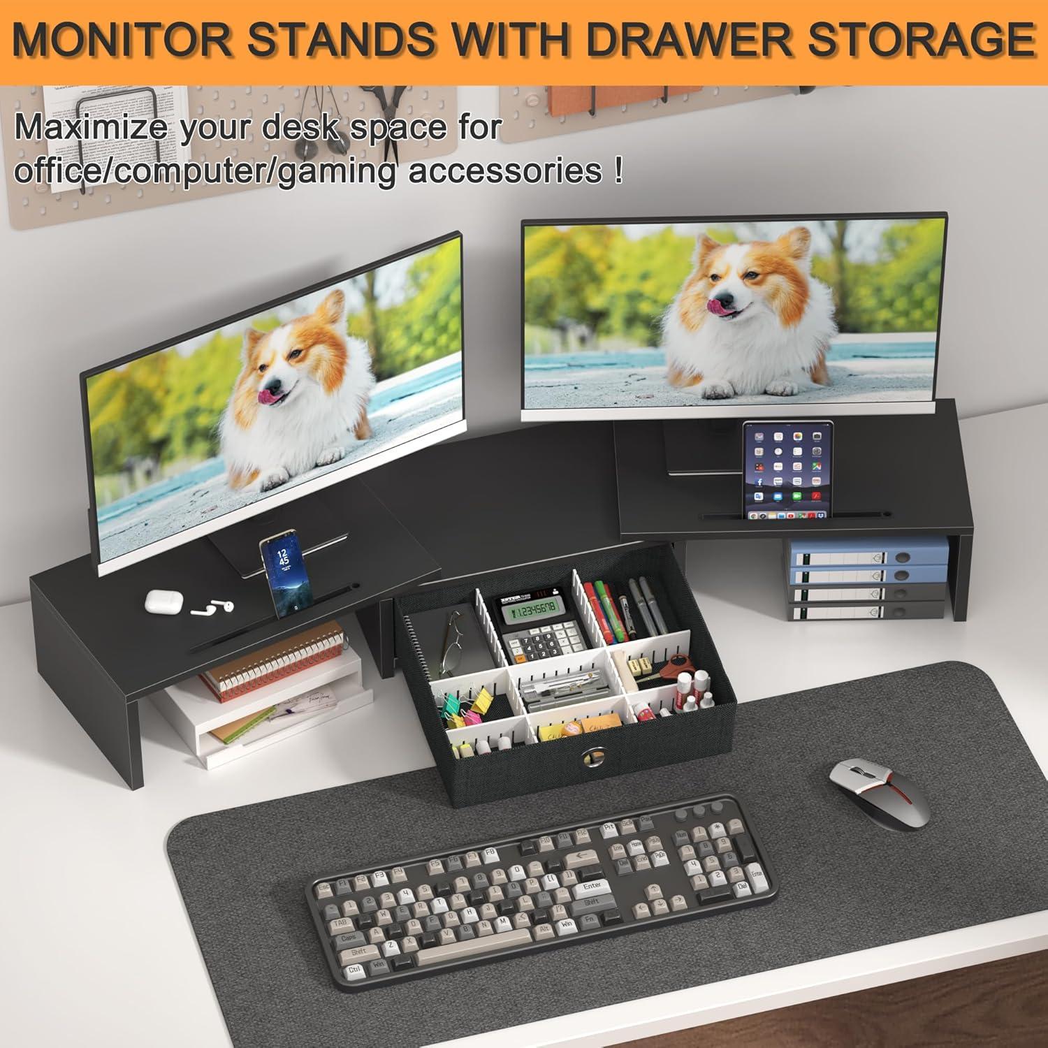Monitorständer mit Schublade - Bildschirmerhöhung für 2 Monitore