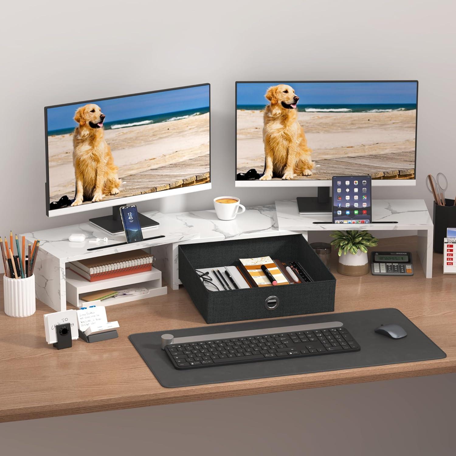Monitorständer mit Schublade für 2 Monitore Holz Weiß 99 x