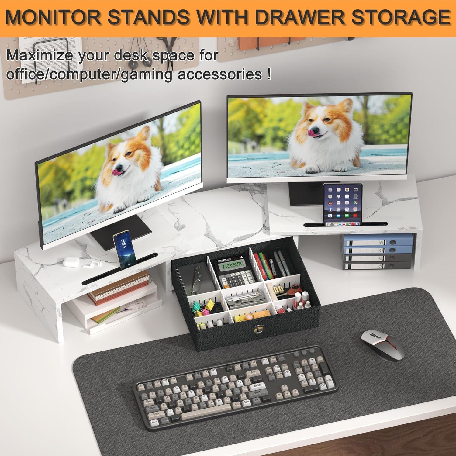 Monitorständer mit Schublade Holz Weiß 99x23,6x15,5 cm, 2 Monitore
