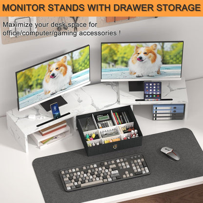 Monitorständer mit Schublade Holz Weiß 99x23,6x15,5 cm, 2 Monitore