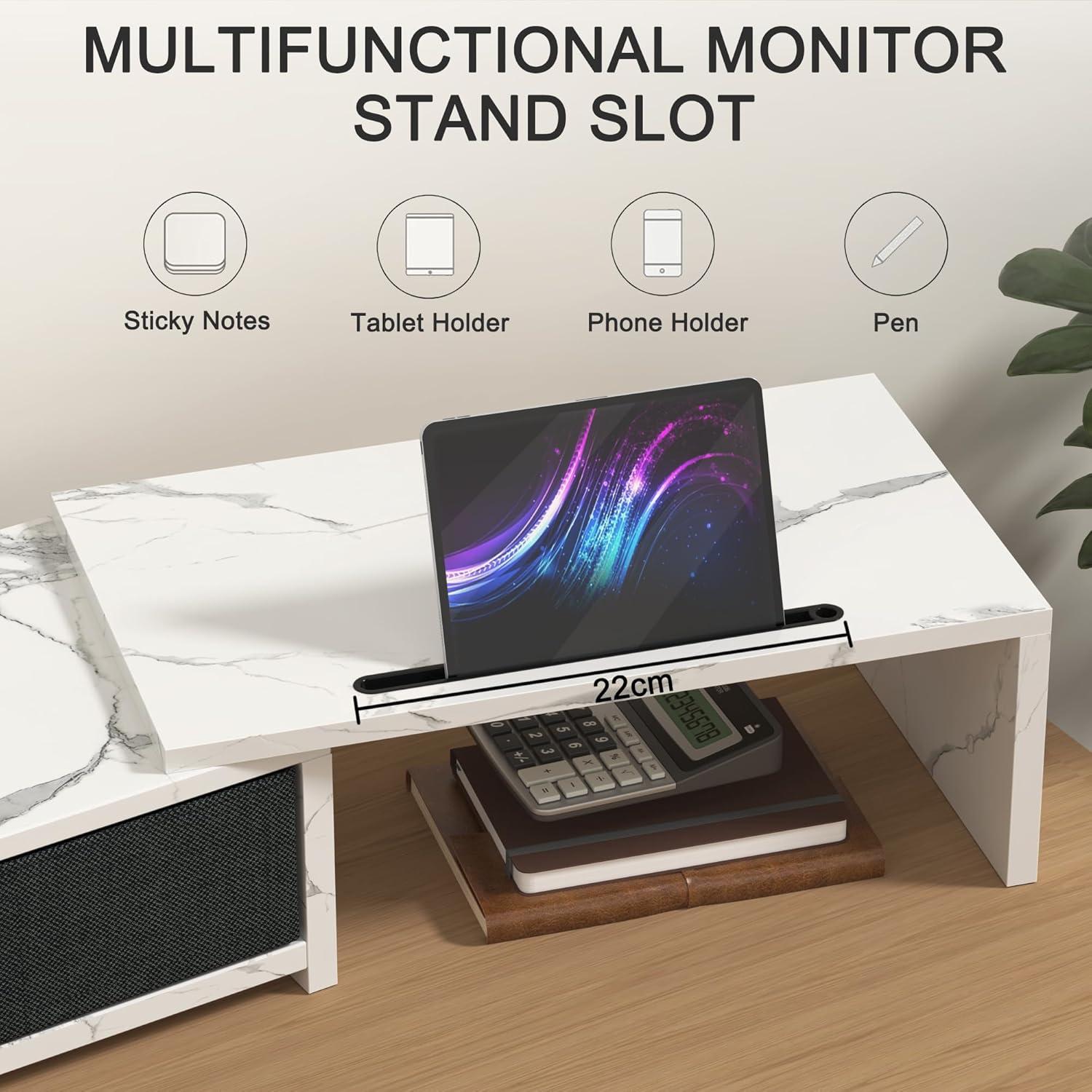 Monitor Ständer mit Schublade│Monitorerhöhung für 2 Monitore│Holz TV PC Stand Weiß 99 x 23,6 x 15,5 cm