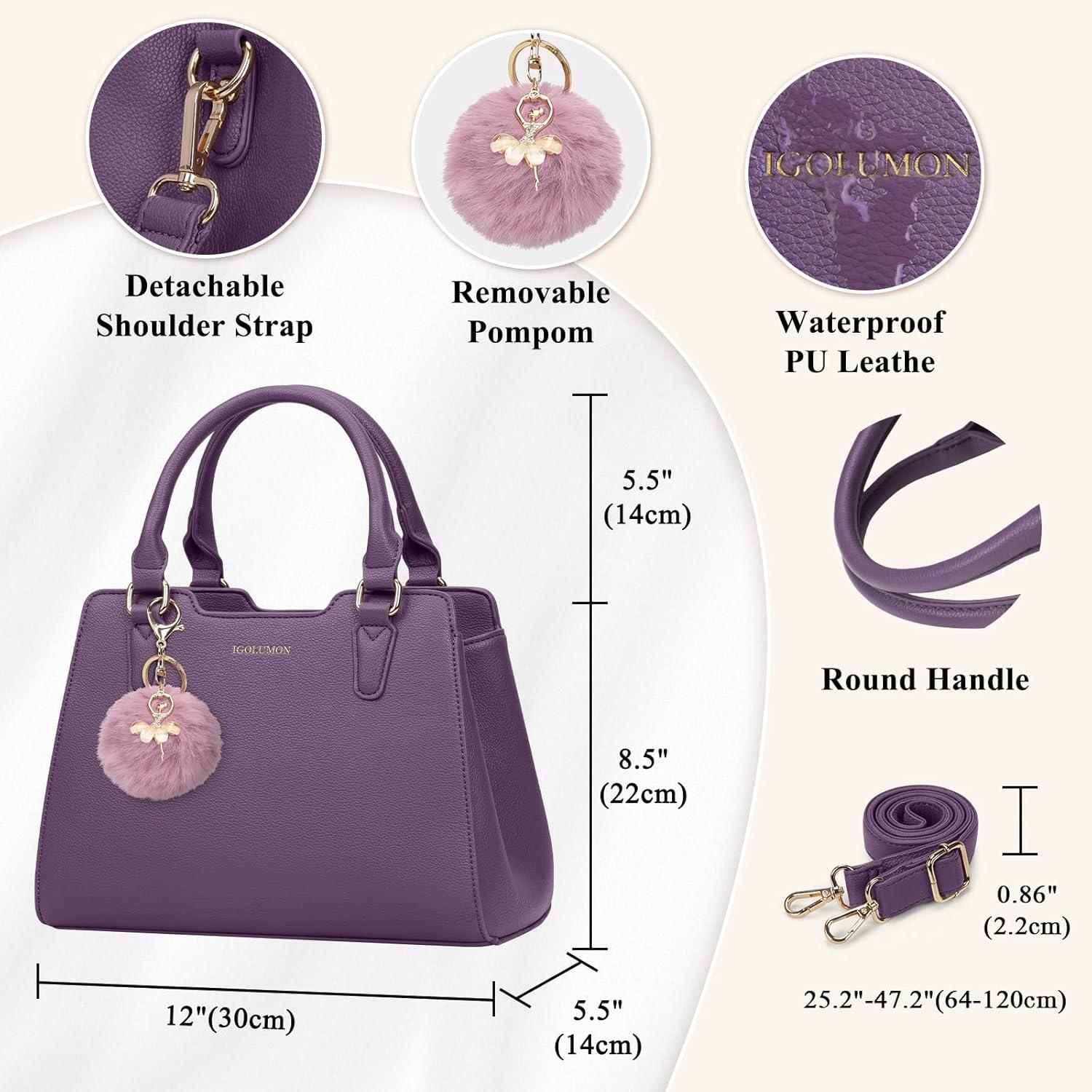 Schwarze PU-Leder Handtasche Damen mittelgroß Henkeltasche mit Pompon