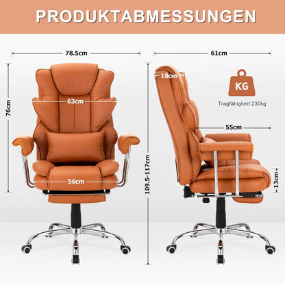 Ergonomischer PU-Leder Bürostuhl 230kg Tragkraft neigbar 135° braun