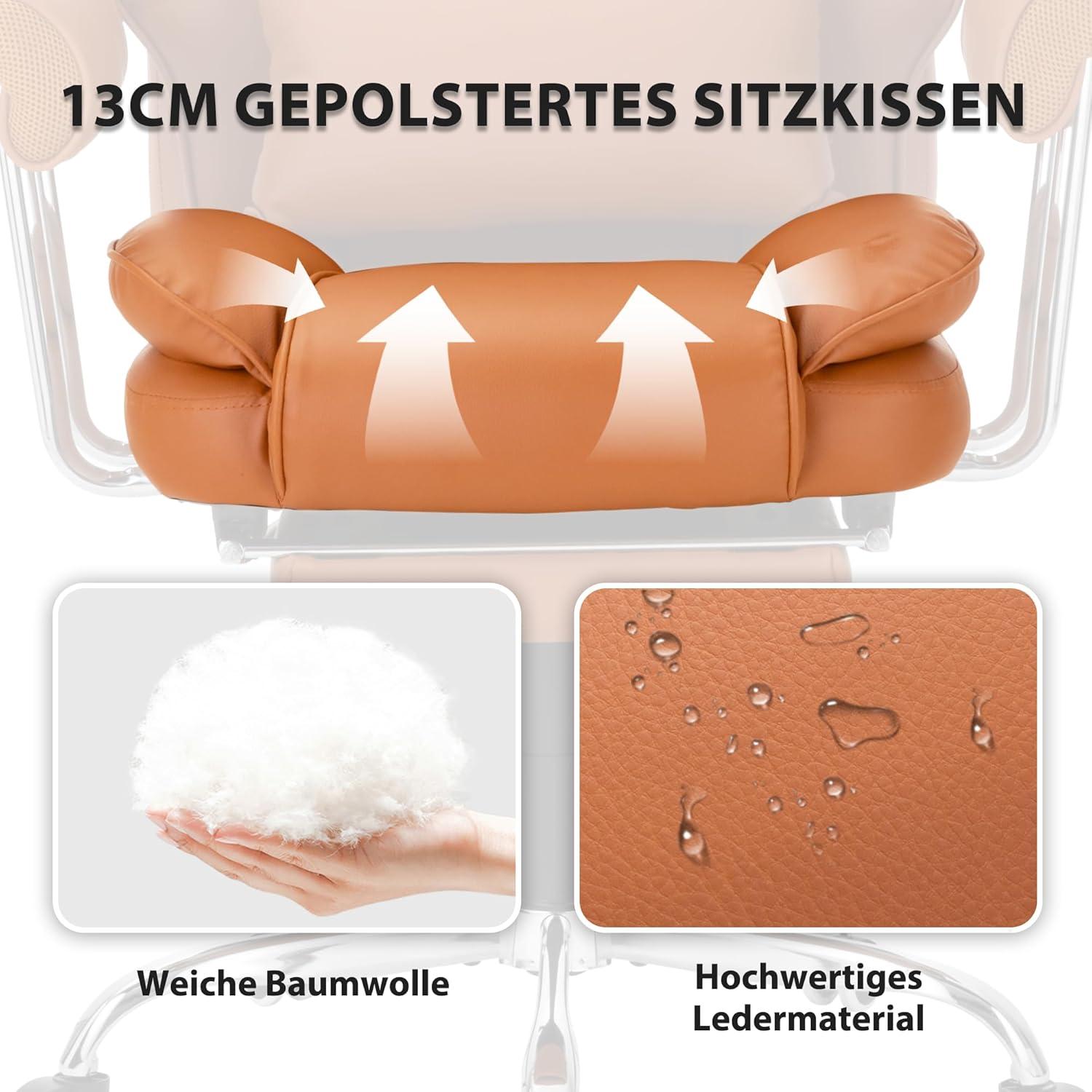 UEV Ergonomischer Bürostuhl 230kg Tragkraft neigbar 135° PU Leder Gaming
