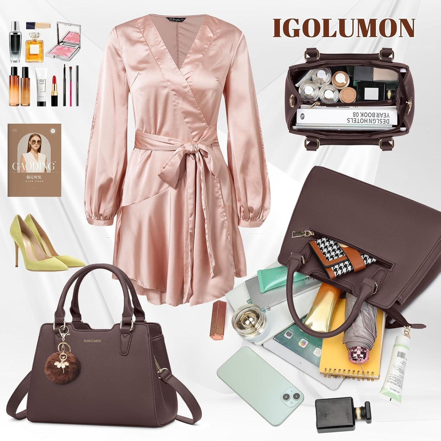 IGOLUMON Damen Handtasche Leder Mittelgroß Kaffee