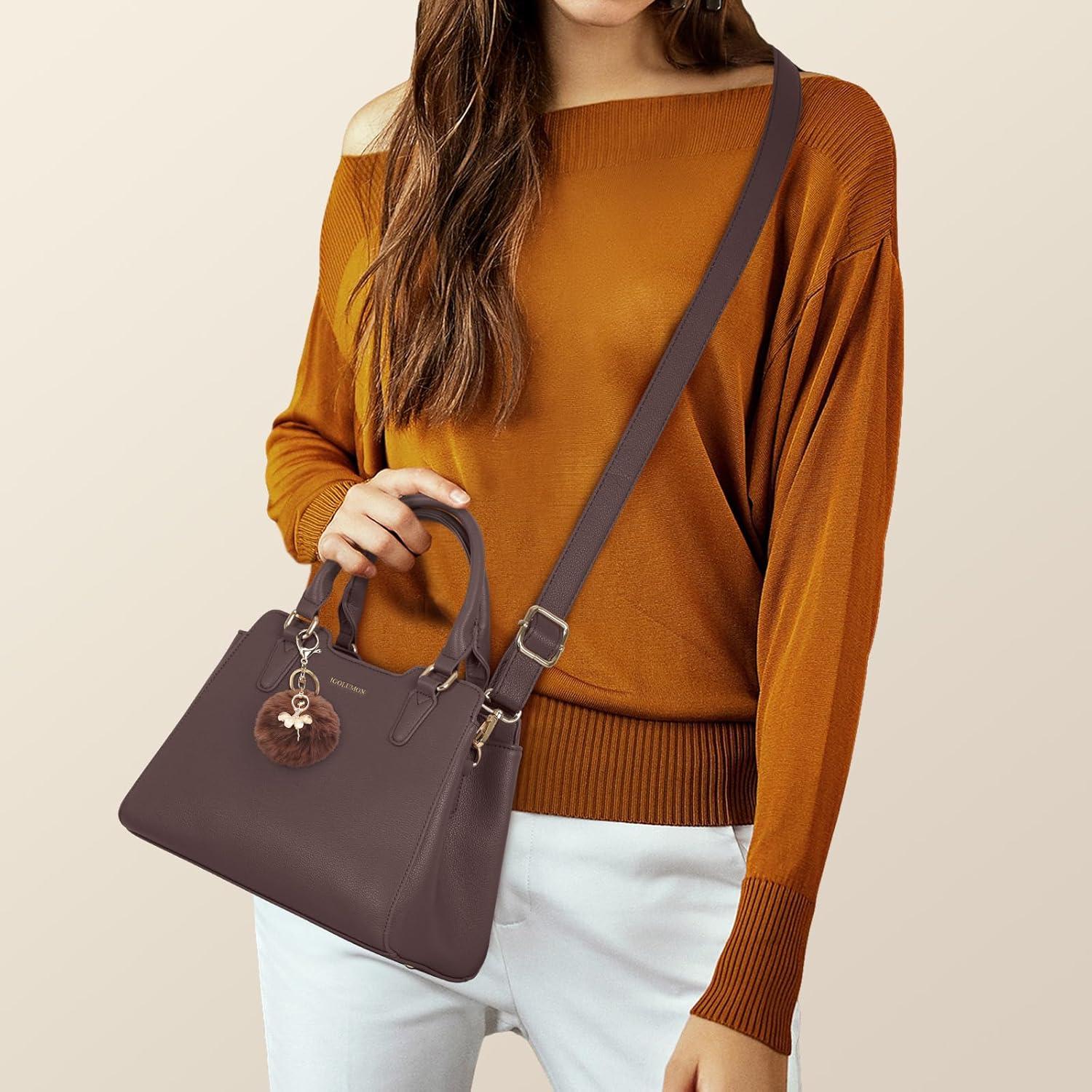 IGOLUMON Damen Handtasche Leder Mittelgroß Schultertasche Kaffee
