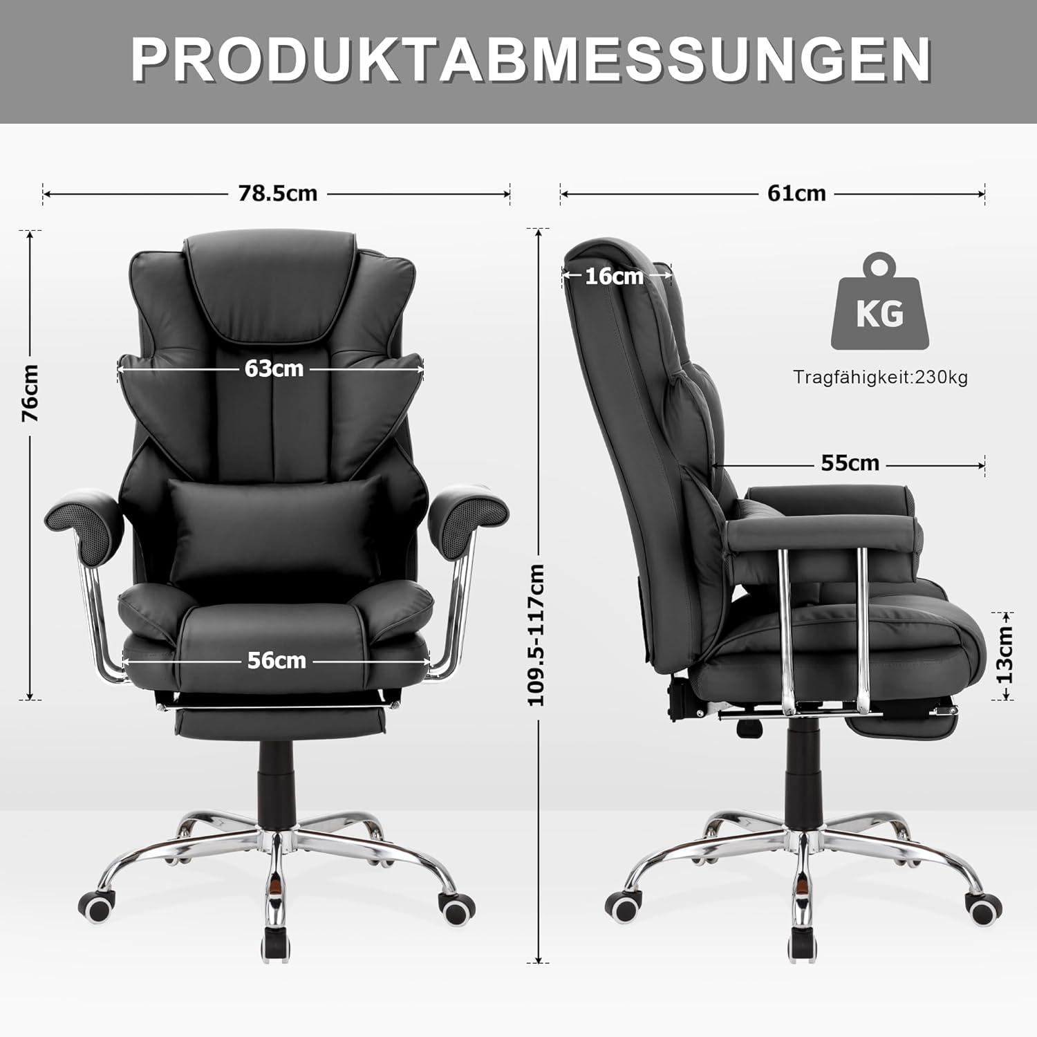 Ergonomischer Bürostuhl PU Leder Tragkraft 230kg Dicker Polsterung