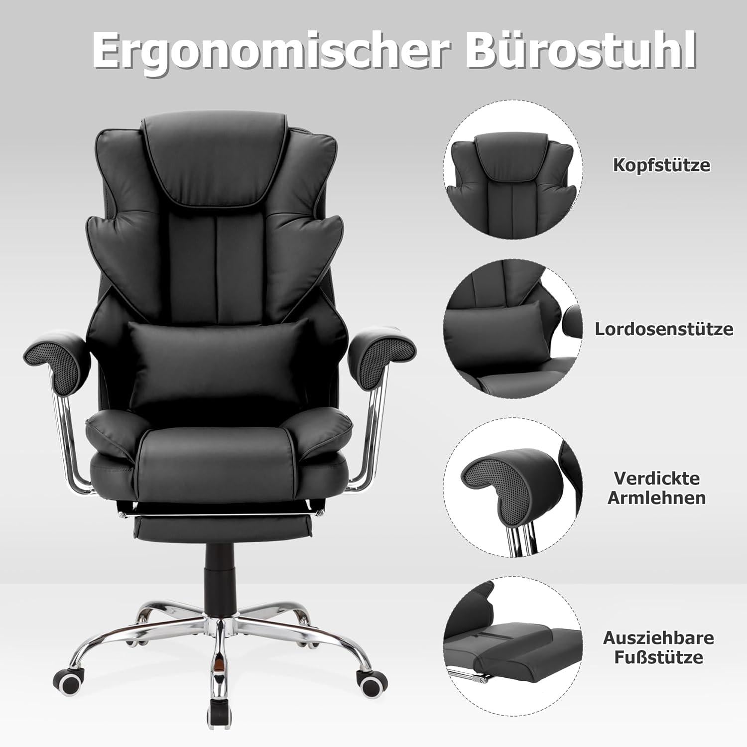 Ergonomischer Bürostuhl 230kg neigbar 135° PU Leder Dicker Polsterung - Schwarz