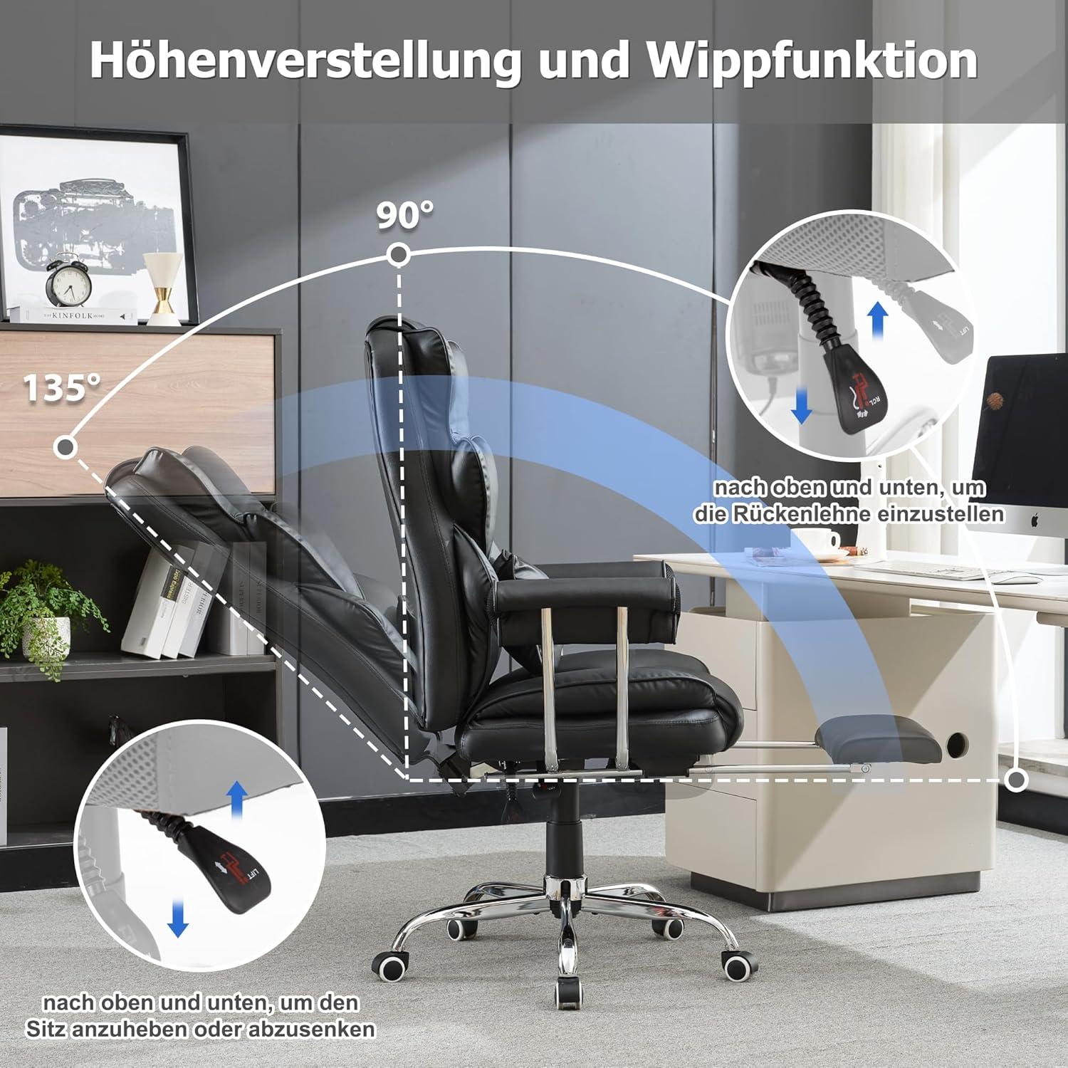Ergonomischer Bürostuhl Tragkraft 230kg neigbar bis 135° PU Leder