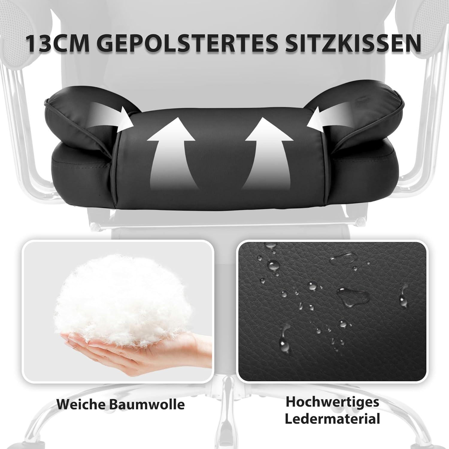Ergonomischer Bürostuhl 230kg neigbar 135° PU Leder Dicker Polsterung - Schwarz