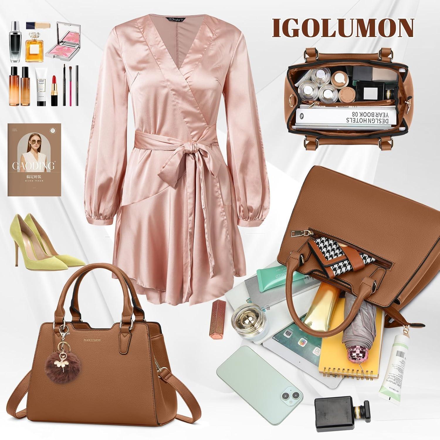 IGOLUMON Damen Handtasche Leder Mittelgroß Henkeltasche Schultertasche Braun