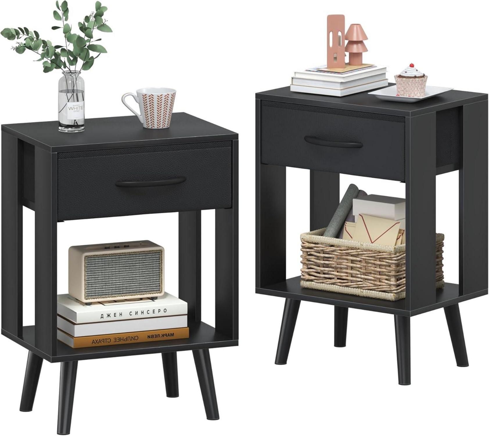 Modernes Nachttisch 2er Set mit Schublade und MDF-Platte, Schwarz