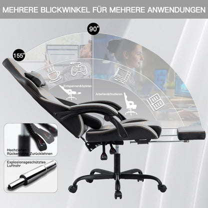 Ergonomischer Gaming Stuhl mit Fußstütze Racing Höhenverstellung Gray